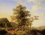 Cattle Wall Art - A Treelined River Landscape with Figures and Cattle an a Path